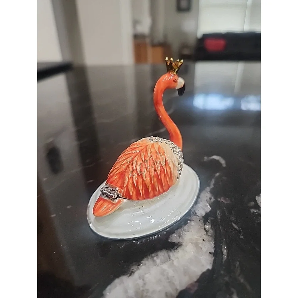 Flamingo Trinket Box Enamel Magnetic Hinged Rhinestone Bird Ring Box